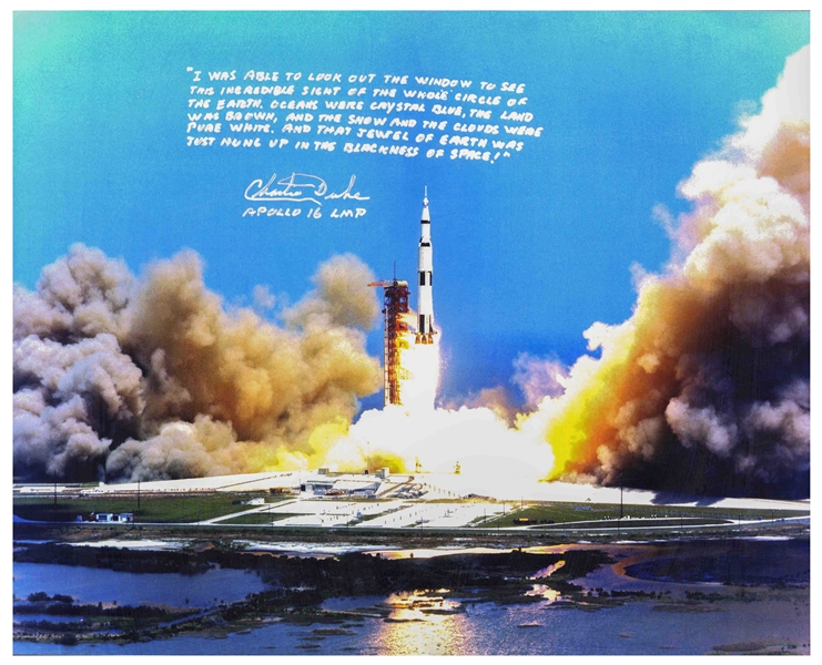 Charlie Duke Signed 20'' x 16'' Photo of the Apollo 16 Rocket Launch -- With a Handwritten Recollection: ''...that jewel of Earth was just hung up in the blackness of space!...''