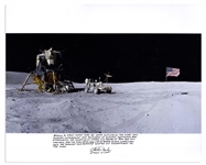Charlie Duke Signed 20 x 16 Photo of the U.S. Flag Raised on the Lunar Surface -- With a Handwritten Inscription by Duke About the Apollo 16 Mission