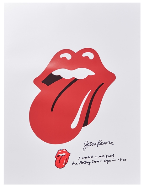 John Pasche Hand-Drawn and Signed Tongue and Lips Artwork on a Rolling Stones Lithograph Poster