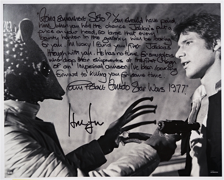 Harrison Ford & Paul Blake Signed 20'' x 16'' Photo From ''Star Wars'' -- One of the Most Memorable Scenes From the Film, With Blake Writing His Famous Monologue