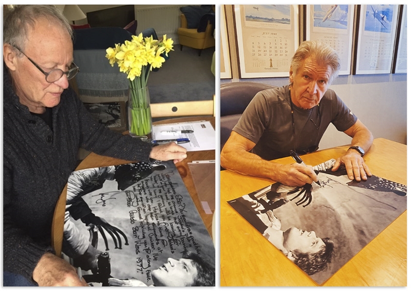 Harrison Ford & Paul Blake Signed 20'' x 16'' Photo From ''Star Wars'' -- One of the Most Memorable Scenes From the Film, With Blake Writing His Famous Monologue