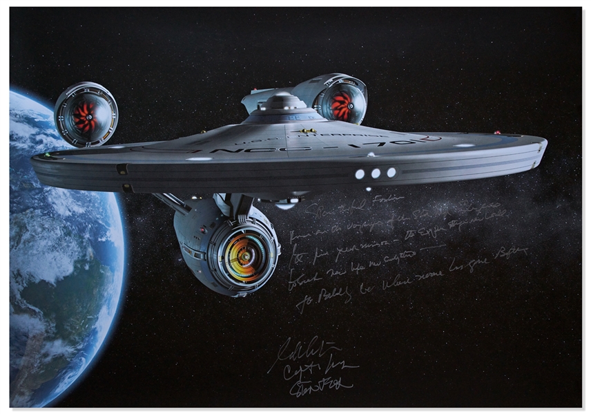 William Shatner Signed Oversized ''Star Trek'' Photo Measuring 33'' x 47'' -- Shatner Writes the Famous Title Sequence: ''Space the Final Frontier...William Shatner / Capt. Kirk / Star Trek''