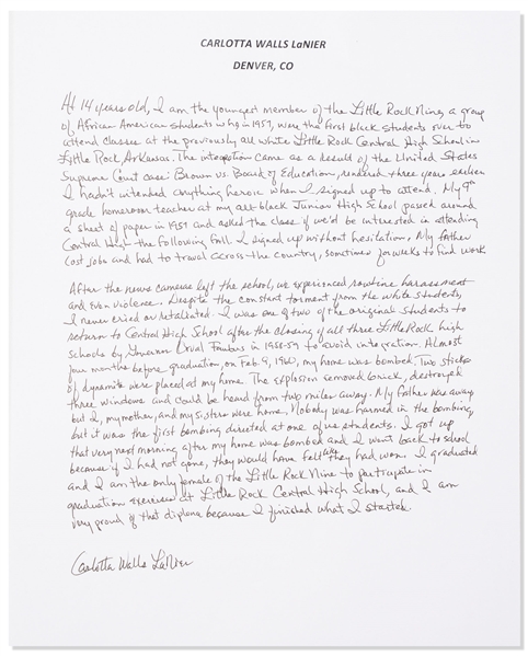 Carlotta LaNier, the Youngest of the ''Little Rock Nine'' Autograph Essay Signed -- ''...After the news cameras left...we experienced routine harassment and even violence...my home was bombed...''