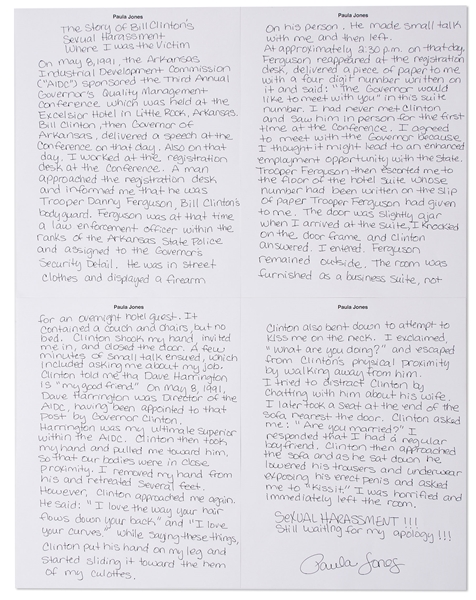 Paula Jones Handwritten, Signed Statement Regarding Bill Clinton Propositioning Her When She Was an Arkansas State Employee -- ''...The Governor would like to meet with you...''