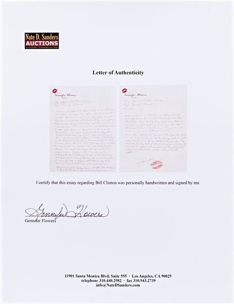 Gennifer Flowers Autograph Essay Signed Regarding Her Affair With Bill Clinton -- ''...He introduced me to things I'd never done before...''