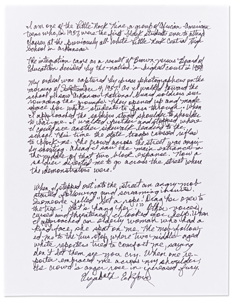 Elizabeth Eckford Autograph Essay Signed Regarding Her First Day of School as Part of the ''Little Rock Nine'' When She Was Surrounded and Harassed by the White Mob