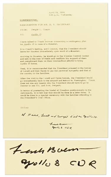 Frank Borman Signed Memo Describing the Presidential Contingency Plan for Apollo 13 -- Borman Writes, ''If Haise, Lovell and Swigert died on Apollo 13'' -- With Novaspace COA