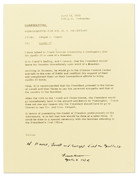 Frank Borman Signed Memo Describing the Presidential Contingency Plan for Apollo 13 -- Borman Writes, ''If Haise, Lovell and Swigert died on Apollo 13'' -- With Novaspace COA