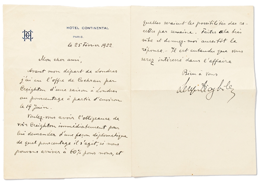 Sergei Diaghilev Autograph Letter Signed -- Regarding Ballet Performances in London Under the Direction of Charles B. Cochran