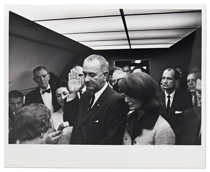 Cecil W. Stoughton's Personal, Unpublished Photo of LBJ's Inauguration Aboard Air Force One -- In Stoughton's Custom Red Leather Binder Stamped ''Inauguration Nov. 1963'' on Spine