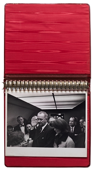 Cecil W. Stoughton's Personal, Unpublished Photo of LBJ's Inauguration Aboard Air Force One -- In Stoughton's Custom Red Leather Binder Stamped ''Inauguration Nov. 1963'' on Spine