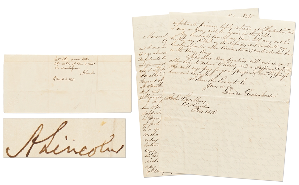 Abraham Lincoln Autograph Endorsement Signed as President -- Lincoln Issues Amnesty to Confederate Soldier