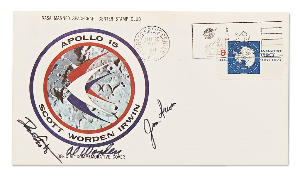 Apollo 15 Crew-Signed NASA Insurance Cover -- From Al Worden's Personal Collection, and Also With His Signed COA