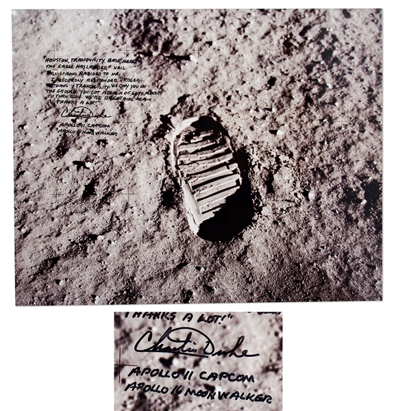 Charlie Duke Signed 20'' x 16'' Photo of the Famous Apollo 11 ''Footprint'' -- Duke Served as Apollo 11 CAPCOM and Describes the Moment When the Eagle Touched Down on the Moon