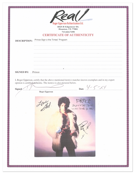Prince Signed ''Sign o' the Times'' World Tour Program -- With Epperson COA