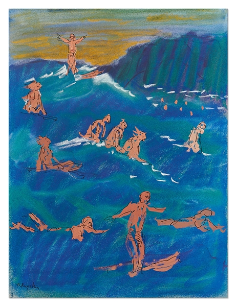 Bernard Krigstein Signed Illustration, Entitled ''Surf Riders'' Done for a Hawaii Magazine Series -- Large Illustration Measures 10.5'' x 13.75''