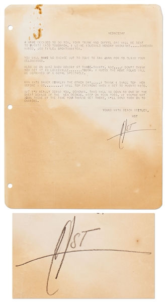 Hunter Thompson Letter Signed From 1959, Writing He'll Be on a ''quiz show Monday'' -- Thompson Also Mentions Running Into His Future Wife, Writing ''I think I shall top her''