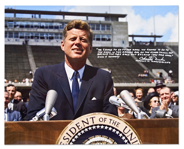 Charlie Duke Signed 20 x 16 Photo of John F. Kennedy, Quoting JFKs Famous Speech to Send U.S. Astronauts to the Moon