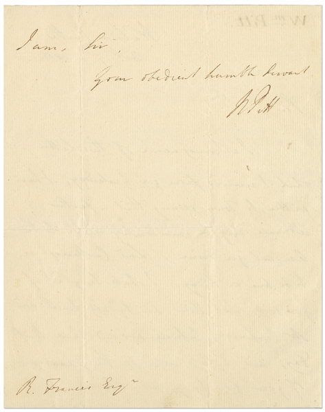 William Pitt the Younger Autograph Letter Signed as Prime Minster of the United Kingdom