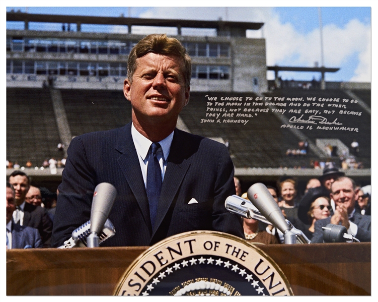 Charlie Duke Signed 20'' x 16'' Photo of John F. Kennedy, Quoting JFK's Famous Speech to Send U.S. Astronauts to the Moon