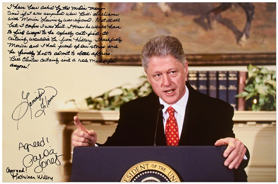 Gennifer Flowers, Paula Jones & Kathleen Willey Signed 20'' x 16'' Photo of Bill Clinton During the Infamous ''Finger Wagging'' Press Conference