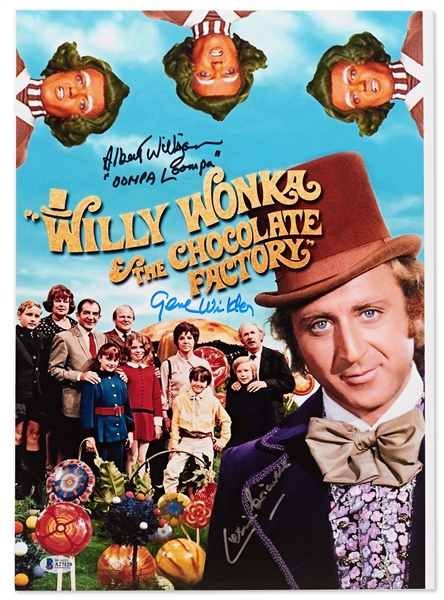 Gene Wilder Signed 12'' x 16.5'' Photo from ''Willy Wonka & the Chocolate Factory'' -- Also Signed by an Oompa Loompa Character and Composer Leslie Bricusse -- With Beckett COA