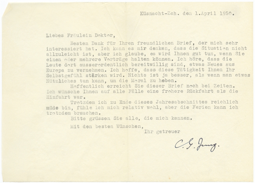 Carl Jung Letter Signed from 1950 -- ...Nothing is better for boosting morale than being able to do something useful...