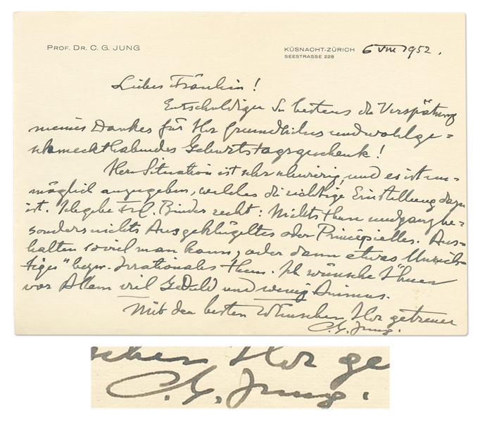 Carl Jung Autograph Letter Signed -- Jung Counsels His Mentee on a Difficult Situation, Advising Her to ''...Endure it as much as possible, or else do something 'incorrect'...''