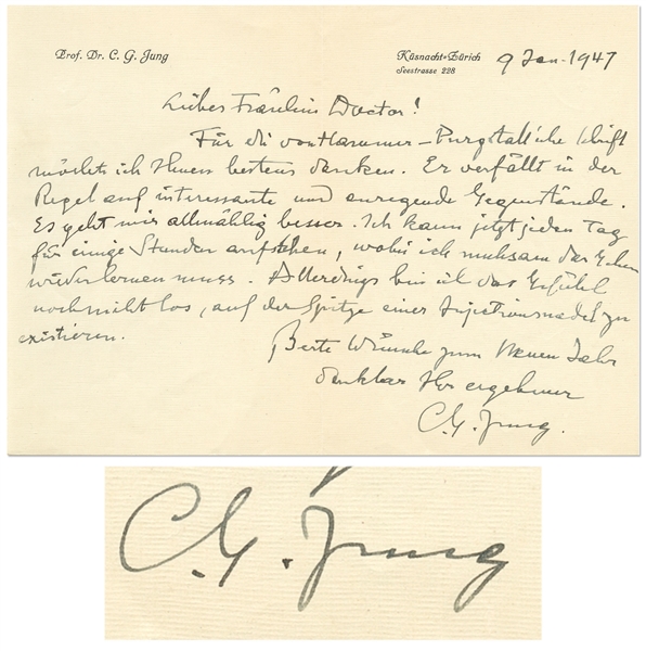 Carl Jung Autograph Letter Signed as He Was Recovering from His Long Illness -- ''...I still cannot get rid of the feeling that I am existing on the sharp point of a hypodermic needle...''