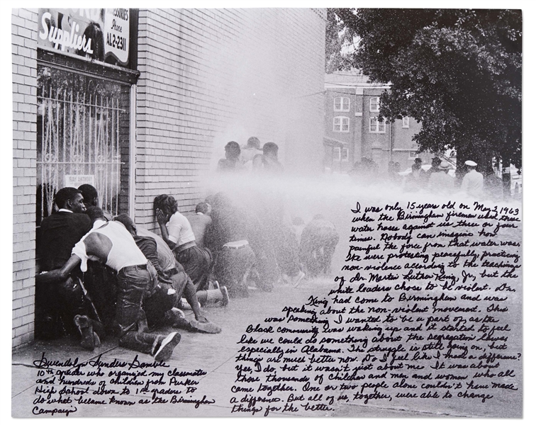 Incredible 20'' x 16'' Photo Essay Handwritten & Signed by Gwendolyn Sanders, Who Led the 1963 Student Protest in Birmingham, Alabama -- ''...Birmingham firemen used these water hoses against us...''