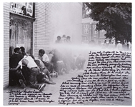 Incredible 20 x 16 Photo Essay Handwritten & Signed by Gwendolyn Sanders, Who Led the 1963 Student Protest in Birmingham, Alabama -- ...Birmingham firemen used these water hoses against us...