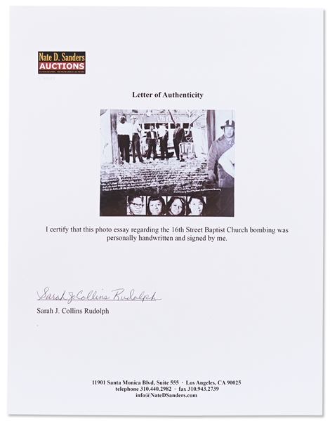 Sarah Collins Handwritten & Signed 20'' x 16'' Photographic Essay on Surviving the 16th Street Baptist Church Bombing in 1963 -- Collins is ''The 5th Little Girl'' Lone Survivor