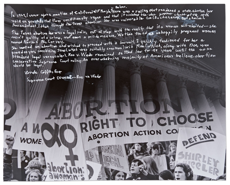 Linda Coffee Handwritten & Signed Statement on a 20'' x 16'' Photo -- Coffee Was Co-Counsel for the Supreme Court Case Roe v. Wade, Giving American Women the Right to an Abortion in 1973