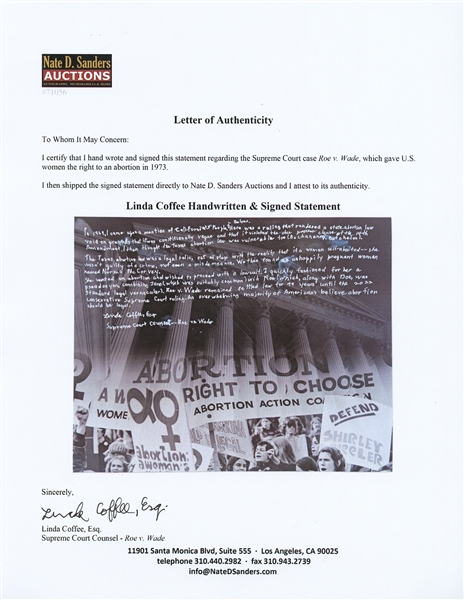 Linda Coffee Handwritten & Signed Statement on a 20'' x 16'' Photo -- Coffee Was Co-Counsel for the Supreme Court Case Roe v. Wade, Giving American Women the Right to an Abortion in 1973