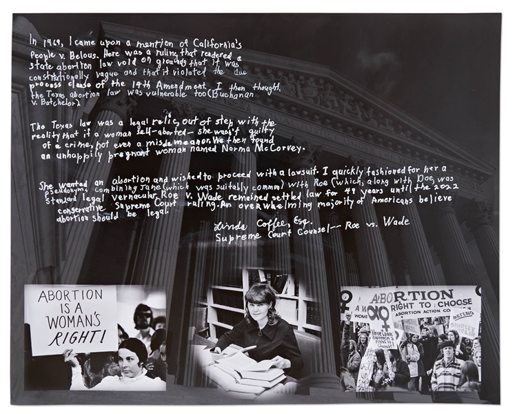 Linda Coffee Handwritten & Signed Statement on a 20'' x 16'' Photo -- Coffee Was Co-Counsel for the Supreme Court Case Roe v. Wade, Giving American Women the Right to an Abortion in 1973