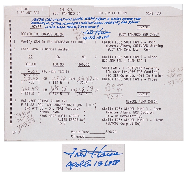 Fred Haise Signed Apollo 13 Flight Plan Notes -- With Additional Writing by Haise on Their Significance, Noting that ''our recovery could have been different!''