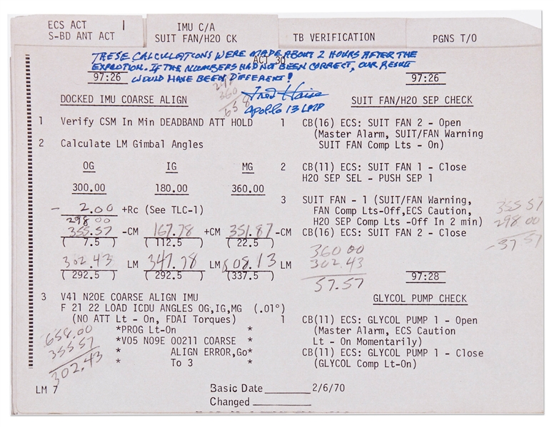 Fred Haise Signed Apollo 13 Flight Plan Notes -- With Additional Writing by Haise on Their Significance, Noting that ''our recovery could have been different!''