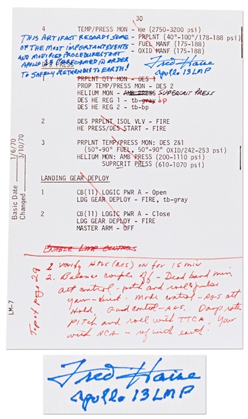 Fred Haise Signed Apollo 13 Mid-Course Correction Burn Notes -- With Additional Writing by Haise on the Significance of the Notes