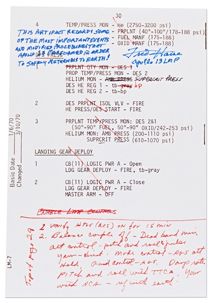 Fred Haise Signed Apollo 13 Mid-Course Correction Burn Notes -- With Additional Writing by Haise on the Significance of the Notes