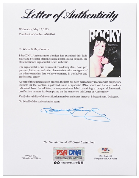 'Rocky'' Poster Signed by Sylvester Stallone and Talia Shire -- With PSA/DNA COA
<br>
<br>