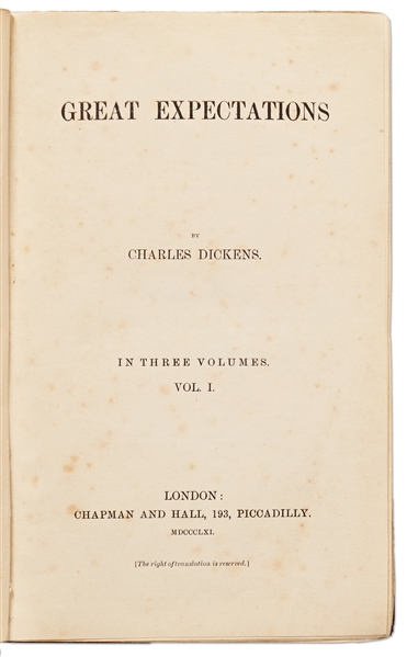 ''Great Expectations'' by Charles Dickens in Three Volumes, Published 1861 -- Scarce First Edition, First Impression for Vols. I and III, Third Impression for Vol. II