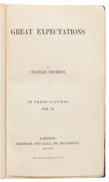 ''Great Expectations'' by Charles Dickens in Three Volumes, Published 1861 -- Scarce First Edition, First Impression for Vols. I and III, Third Impression for Vol. II