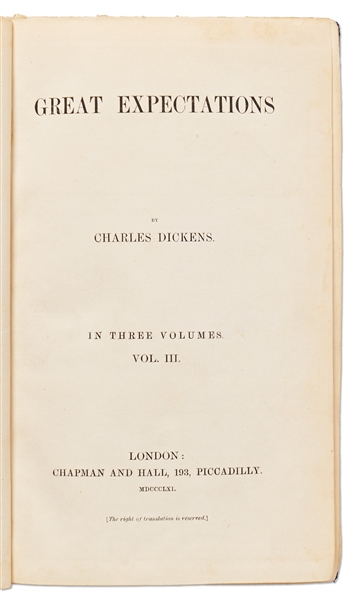 ''Great Expectations'' by Charles Dickens in Three Volumes, Published 1861 -- Scarce First Edition, First Impression for Vols. I and III, Third Impression for Vol. II