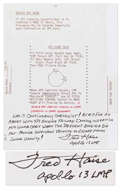 Fred Haise Signed Lunar Module Contingency Checklist Used to Escape from Lunar Gravity -- With Handwritten Statement by the Apollo 13 LMP