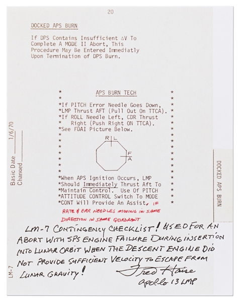 Fred Haise Signed Lunar Module Contingency Checklist Used to Escape from Lunar Gravity -- With Handwritten Statement by the Apollo 13 LMP