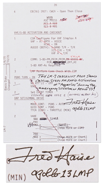 Fred Haise Signed & Handwritten Apollo 13 Flight Notes ''for rapid activation of 'Aquarius' during the emergency situation on Apollo 13!''