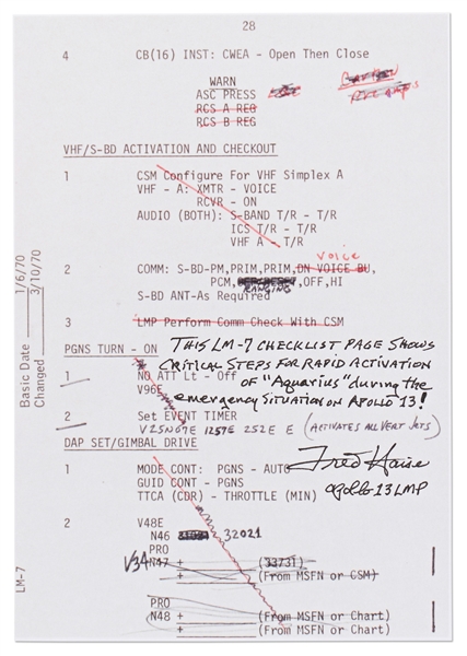 Fred Haise Signed & Handwritten Apollo 13 Flight Notes ''for rapid activation of 'Aquarius' during the emergency situation on Apollo 13!''