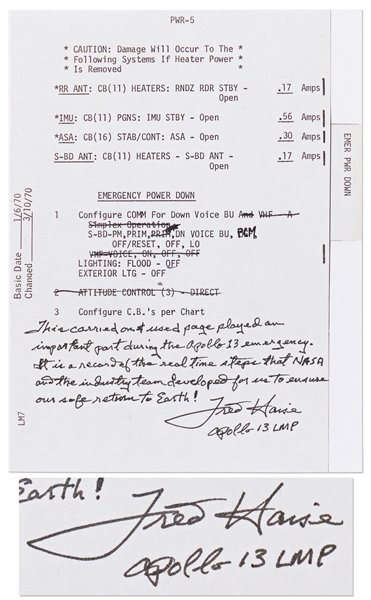 Fred Haise Signed & Handwritten Apollo 13 Flight Notes, ''a record of the real time steps that NASA & the industry team developed for us to ensure our safe return to Earth!''