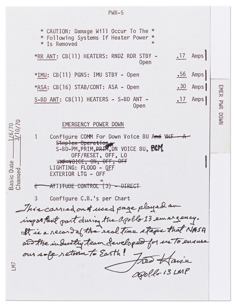 Fred Haise Signed & Handwritten Apollo 13 Flight Notes, ''a record of the real time steps that NASA & the industry team developed for us to ensure our safe return to Earth!''