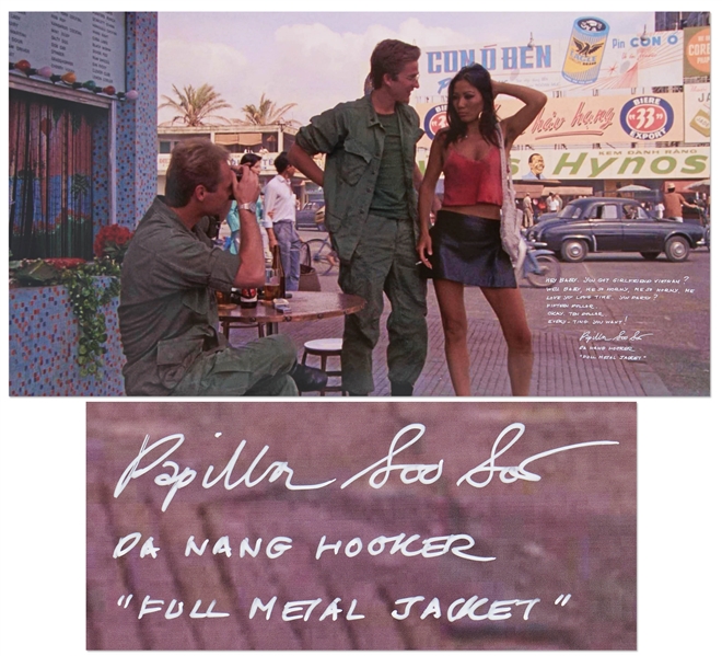 Iconic ''Full Metal Jacket'' Da Nang Hooker Scene 30'' x 16.5'' Photo with Actress Papillion Soo Soo Handwriting Most of Her Infamous Lines -- ''Me So Horny, Me Love You Long Time''